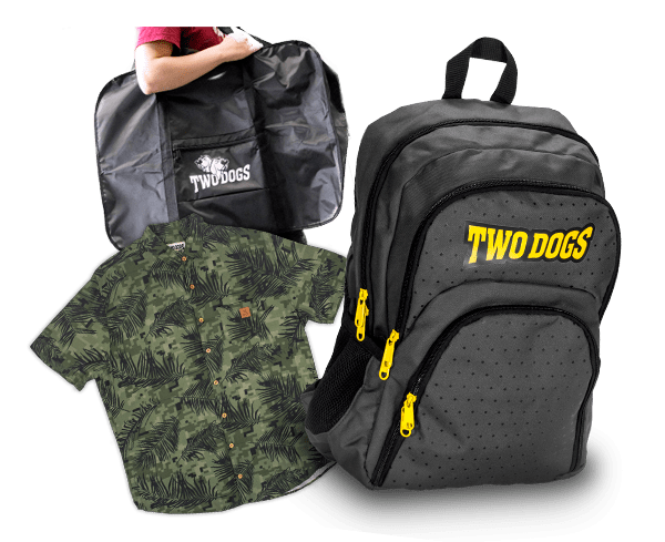 Produtos da amrca Two Dogs, mochila, camisa e bolsa de transporte bicicleta