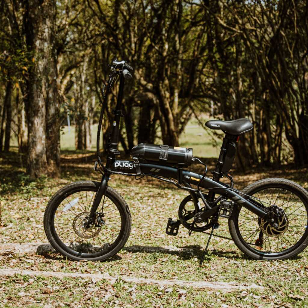 Bicicleta elétrica parada na grama em frente a uma floresta.