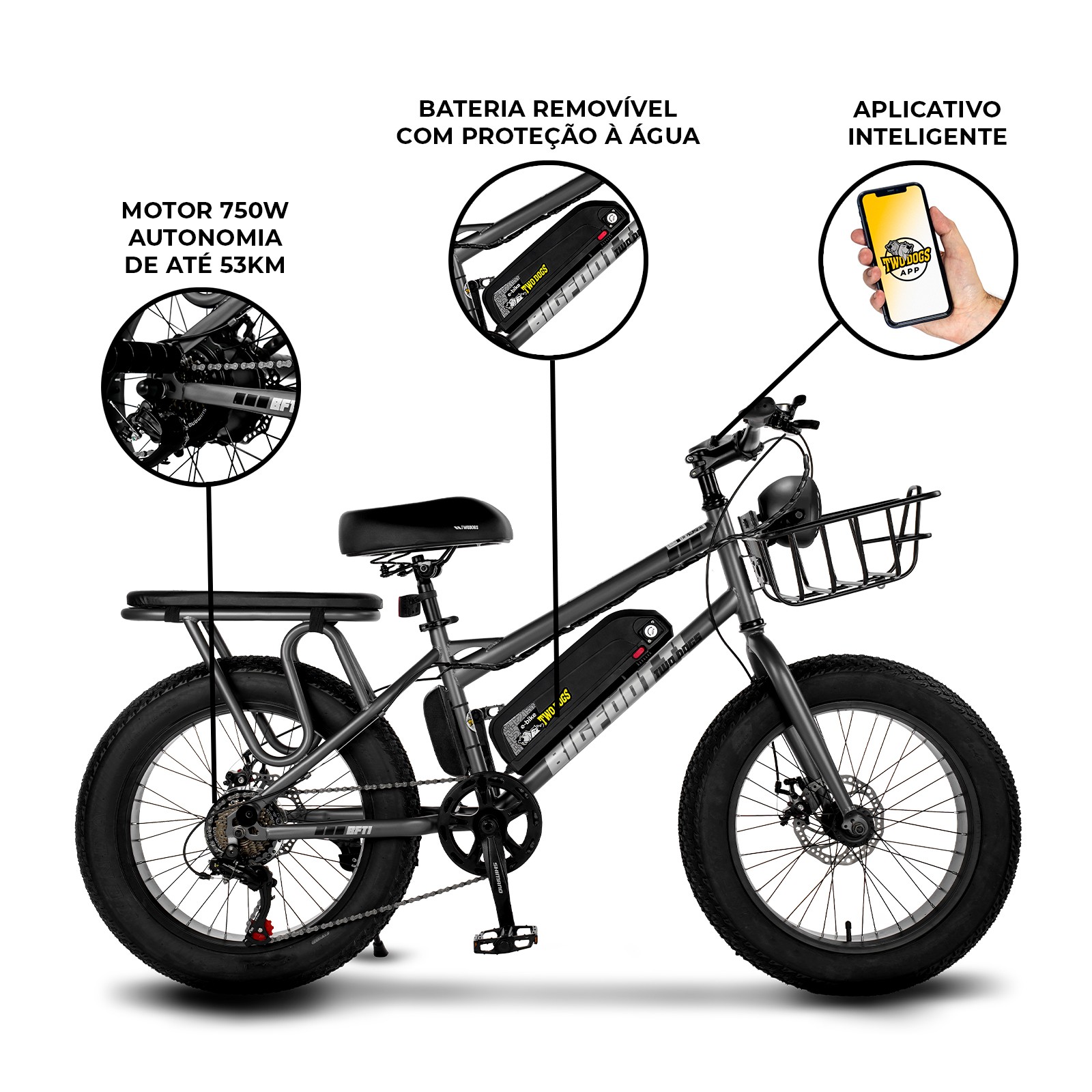 Bicicleta Elétrica Two Dogs Bigfoot T1 750w 48v Aro 20 c/ Alarme e 2 Lugares - Imagem 3