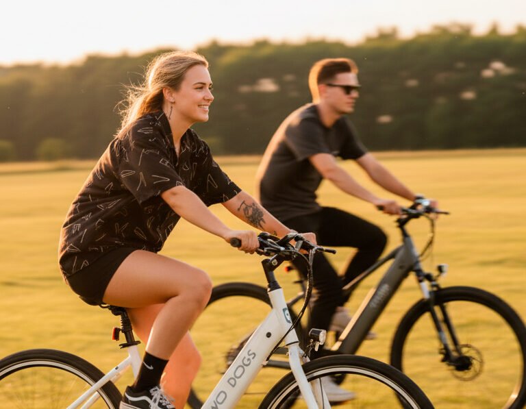 Casal utilizando bicicletas elétricas em um campo aberto ao entardecer, destacando conforto, praticidade e mobilidade sustentável para o dia a dia.